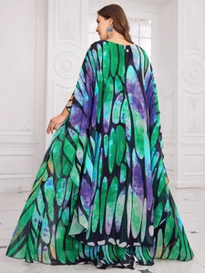V-neck shawl sleeve gown with emerald butterfly wing print and heavy bead embroidery