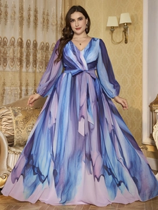 Detail of V-neck chiffon evening dress with blue-purple marble print and waist tie