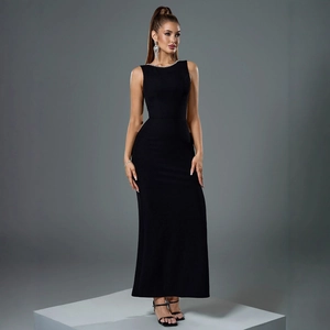 Elegant black backless bodycon evening gown with sparkling crystal necklace detail