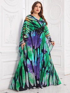 Deep V-neck evening gown with butterfly print, batwing sleeves and lace floral embroidery