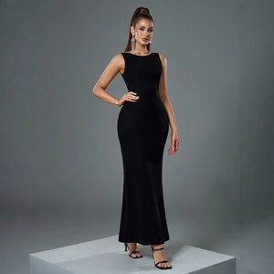 Elegant black backless pearl bandage mermaid evening gown with luxury beaded neckline