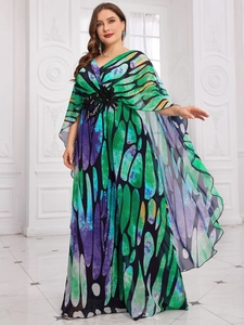 Deep V-neck maxi dress with butterfly wing print and beaded floral waist detail