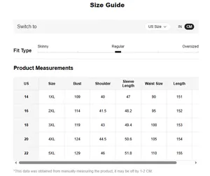 Detailed size guide for plus size floral chiffon dress from 1XL to 5XL with measurements