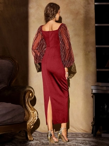 Slim fit wine red evening dress with sequined lantern sleeves and a side slit design