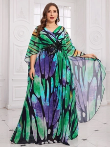 V-neck evening dress with watercolor butterfly print, beaded waist, and cape sleeves