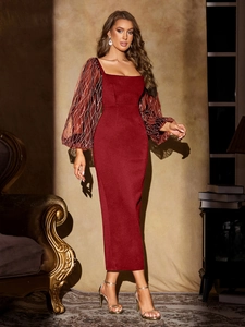 Elegant burgundy midi dress with square neck, sequin lantern sleeves and a bodycon silhouette