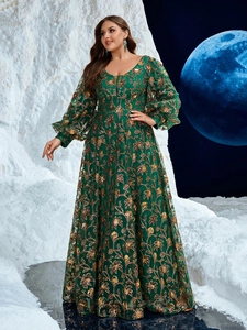 Elegant dark green V-neck evening gown with gold floral embroidery and sequin details