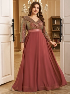 Detail of V-neck sequin bodice and flowing chiffon skirt on a dusty rose evening dress