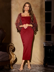 Elegant burgundy square neck evening dress with sequin mesh lantern sleeves and slim fit cut