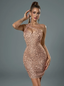 Detail of rose gold sequin dress with one-shoulder cutout and shimmering texture