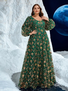 Elegant deep green V-neck evening gown with lantern sleeves and sequin floral embroidery
