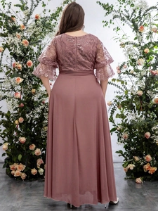Elegant plus size chiffon maxi dress with floral embroidery and ruffle sleeves in dusty rose