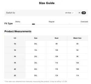 Detailed plus size evening dress size guide showing CM and US measurements for perfect fit