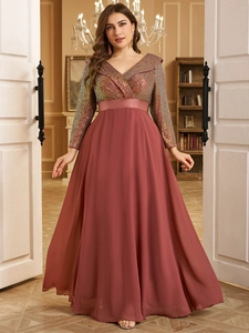 Detail view of V-neck sequined bodice and high-waist chiffon evening dress on model