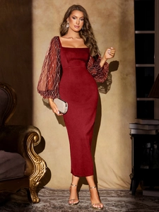 Elegant wine red square neck dress with sequined lantern sleeves for formal parties