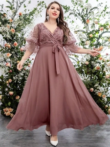 Elegant plus size V-neck chiffon gown with floral lace embroidery and waist tie