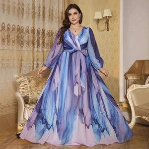 Plus Size Women V Neck Lantern Sleeve Chiffon Maxi Dress Tie Waist Abstract Marble Print Elegant Evening Party Gown