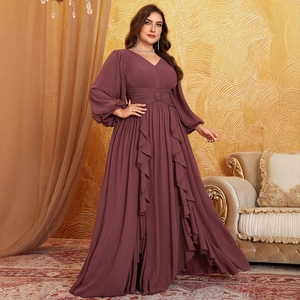 Plus Size Women V-Neck Chiffon Maxi Dress Elegant Lantern Sleeve Ruffle Evening Gown For Wedding Party Banquet Gown