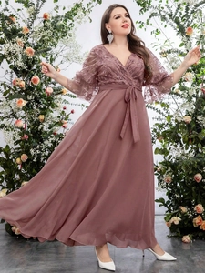 Elegant plus size V-neck chiffon evening gown with lace embroidery and lantern sleeves