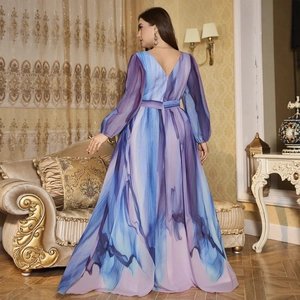 Elegant deep blue V-neck chiffon maxi dress with lantern sleeves and belted waist tie