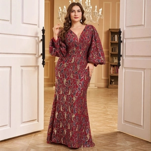 Elegant plus size deep V-neck evening gown with sequined paisley jacquard and lantern sleeves