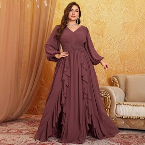 Elegant mauve V-neck chiffon maxi dress with puff sleeves and ruffled hem for bridesmaids