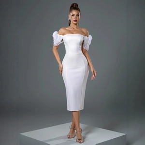 Elegantes Schulterfreies 3D Blumen Midi Kleid Weiß Bodycon Rüschen Ärmel Abend Party Hochzeit Formelles Schlankes Damen Kleid