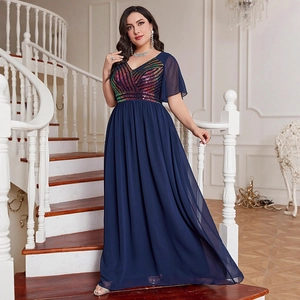 Elegant plus size V-neck navy blue evening gown with colorful sequins and chiffon skirt