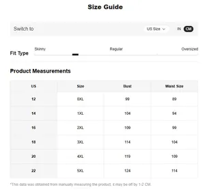 Detailed size guide table for plus size V-neck evening dress from US 12 to US 22