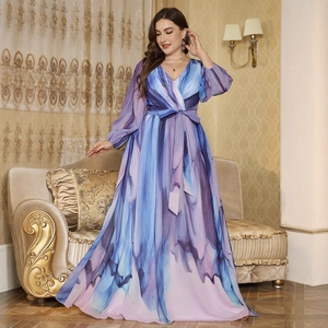 Elegant V-neck chiffon long dress with ink-wash floral print and lantern sleeves