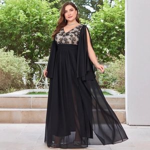 Elegant plus size black V-neck evening gown with floral embroidery and cape sleeves
