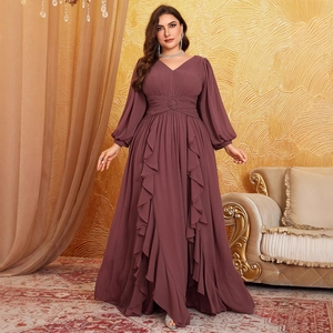 Elegant V-neck chiffon long dress with puff sleeves and ruffled hem in dark pink