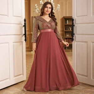 Women Plus Size V-Neck Long Sleeve Sequined Chiffon Long Evening Dress Elegant Wedding Party Formal Gown Floor Length