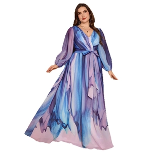 Elegant V-neck chiffon maxi dress with abstract blue prints and belted lantern sleeves
