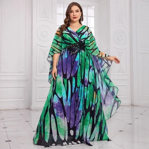Plus Size Women V Neck Chiffon Maxi Dress Butterfly Print Cape Sleeve Beaded Flower Luxury Elegant Evening Banquet Gown