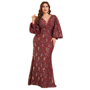 Elegant V-neck sequined evening gown with lantern sleeves and burgundy paisley fish tail