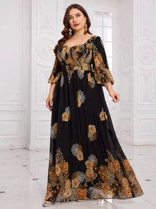 Detail of square neckline and floral chiffon fabric on a long sleeve plus size maxi dress