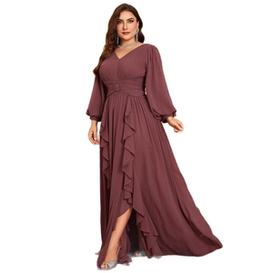 Elegant V-neck long sleeve chiffon evening dress with ruffled hem in dusty rose red