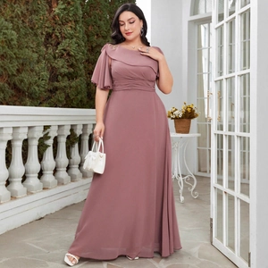 Robe de Soirée Élégante Grande Taille en Mousseline Épaules Dénudées Manches à Volants Plissé Longue pour Femmes