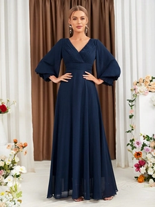 Elegant navy blue V-neck evening gown featuring lantern sleeves and a pleated bodice