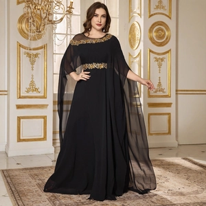 Elegant black chiffon evening dress with gold floral embroidery and floor-length cape