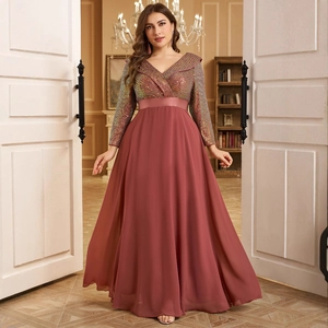 Elegant long-sleeve evening gown with sequin bodice and flowing chiffon floor-length skirt