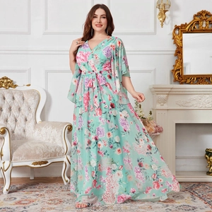Robe Maxi en Chiffon Floral Grandes Tailles Femme Col en V Manches Papillon Élégant Grand Swing Robe de Soirée