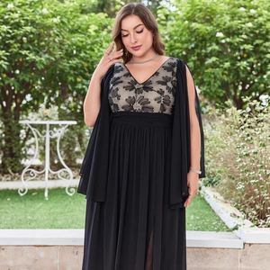 Elegant plus size black V-neck evening gown with lace embroidery and cape sleeves