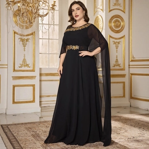 Elegant black A-line evening dress with gold floral embroidery and a sheer chiffon cape