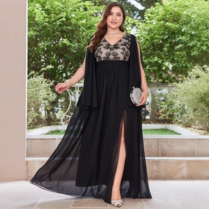 Elegant plus size black evening gown with V-neck floral embroidery and split sleeves