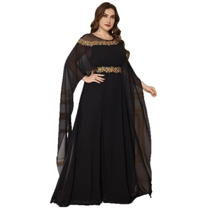 Elegant black chiffon long dress with gold floral embroidery and flowing sheer sleeves