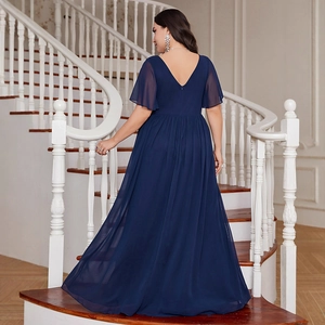 Elegant plus size navy blue V-neck chiffon evening gown with ruffle sleeves for bridesmaids