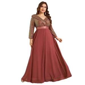 Elegant V-neck long-sleeved evening gown in burgundy with sequined bodice and chiffon skirt