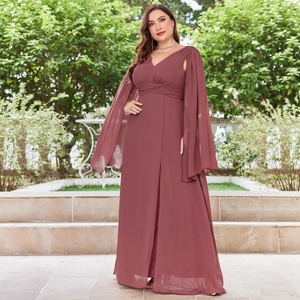 Elegante oudroze avondjurk met V-hals, chiffon cape-mouwen en geplooide tailleband